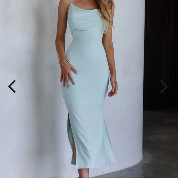 Selfie Leslie Dresses & Skirts - Selfie Leslie Frieda Ribbed Cowl Neck Side Slit Midi Dress Sky Blue M